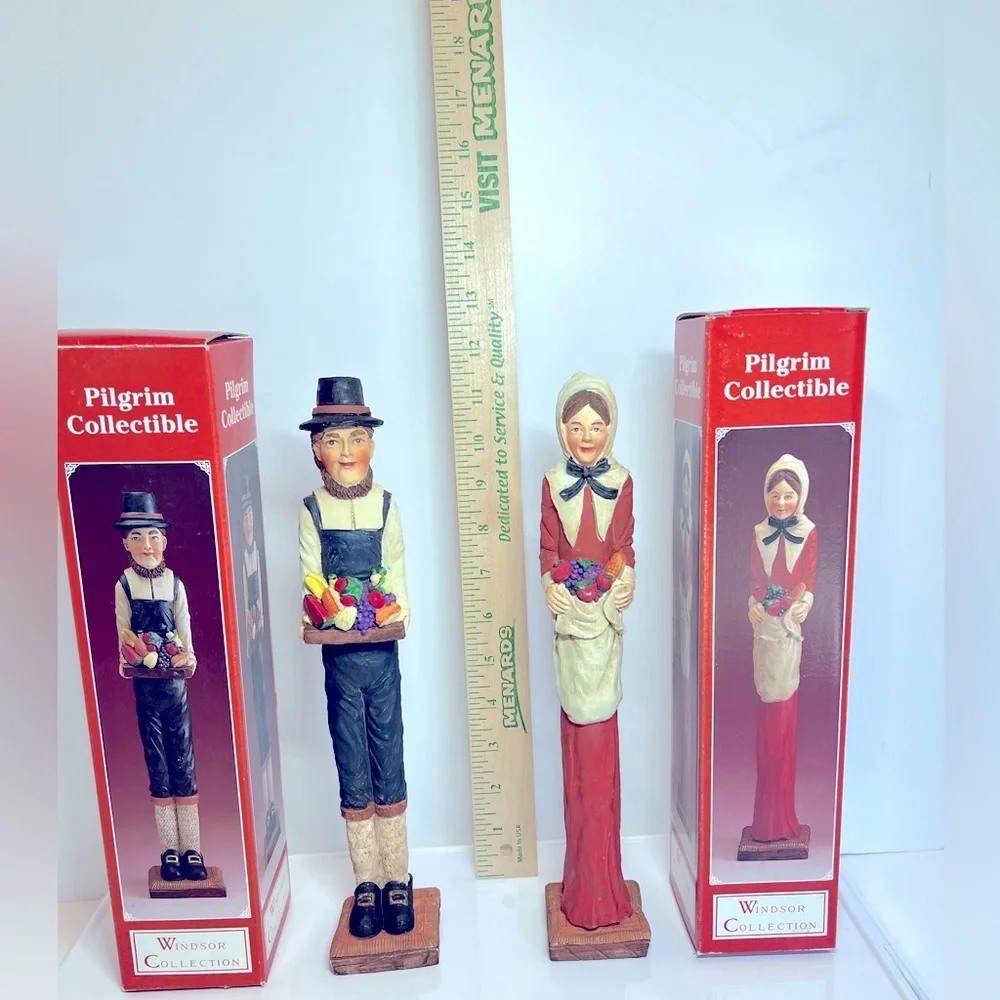 Vintage Thanksgiving Decor Featuring a Set of Pilgrim Figurines Carrying Fruit.